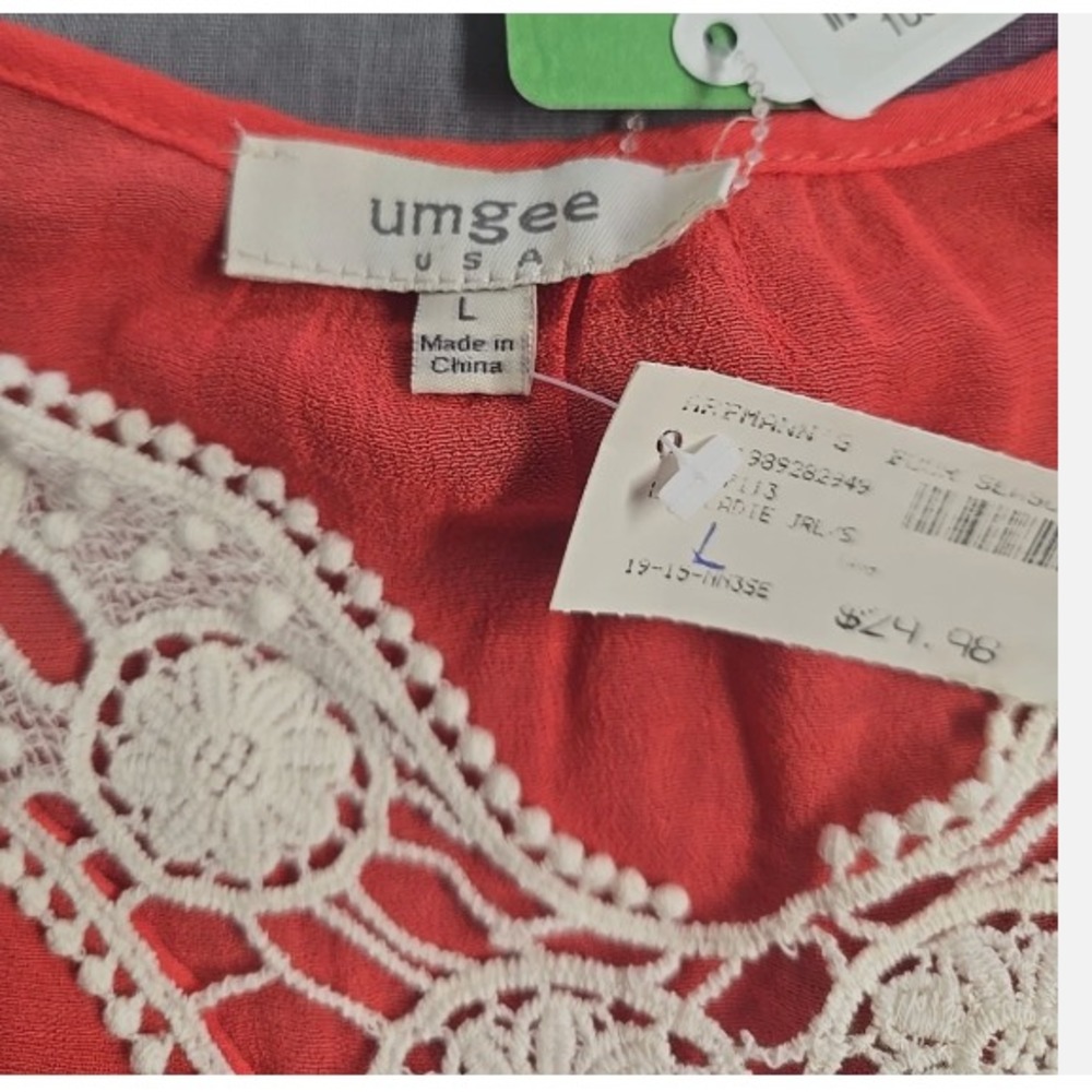 Umgee Size L Women's NWT Boho Bell Sleeve Dark Peach White Lagenlook V-Neck Top - Picture 5 of 10